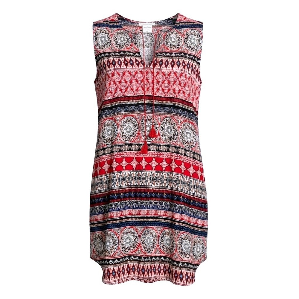 beachlunchlounge Women‎ Small Sleeveless V Neck Tassel Print Rayon Mini Dress